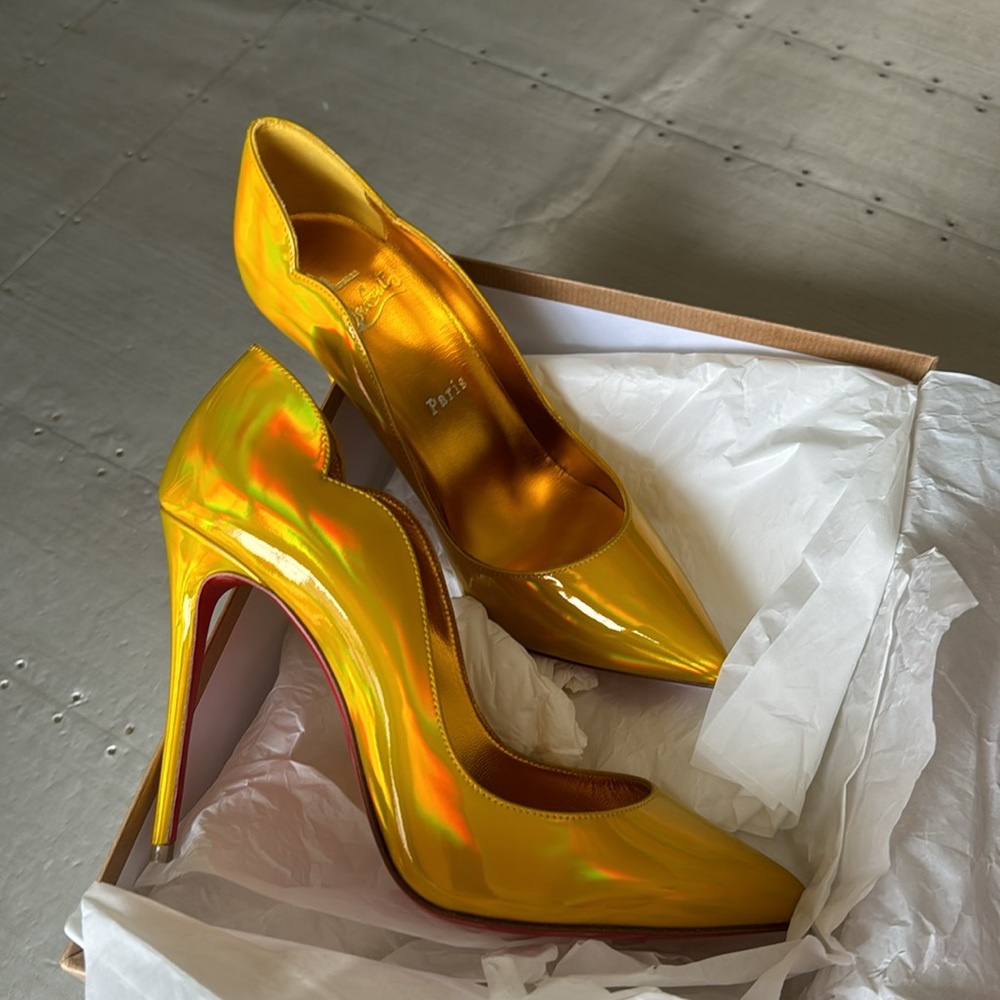 Christian Louboutin hot chick 100mm patent yellow metallic psychic sz 37 gold - Picture 7 of 12